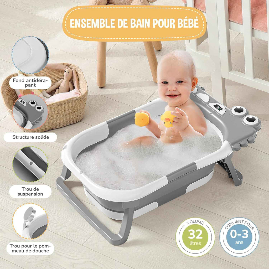 Baignoire Bébé Pliable XXL Avec Coussin De Bain Bebe Et Thermomètre Intégré - Baignoire Enfant Avec Siege De Bain Pour Bebe - baignoire Bebe Sur Pied - Idéal Pour Cadeau De Naissance Fille Ou Garçon