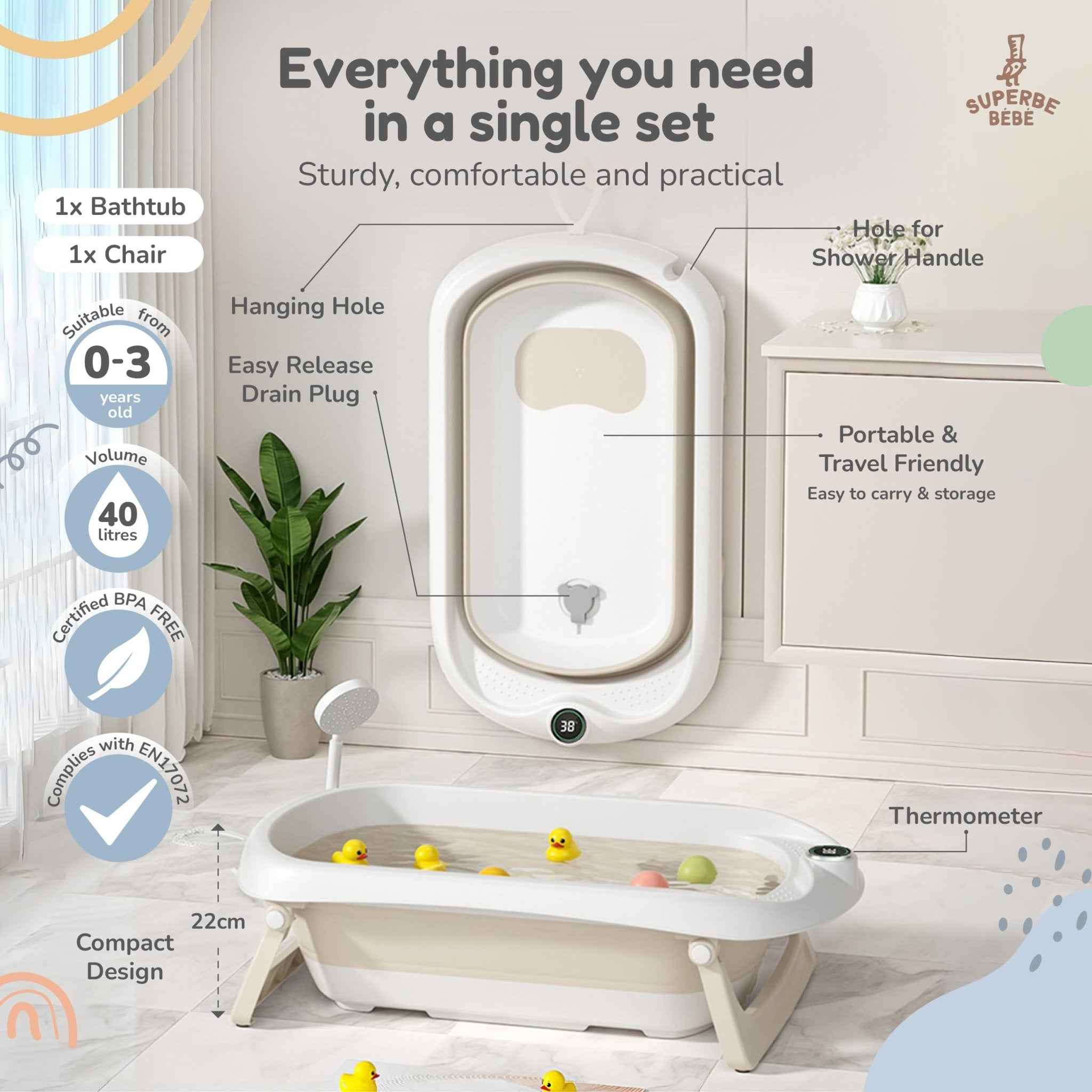 Baignoire Bébé Pliable XXL Avec Coussin De Bain Bebe Et Thermomètre Intégré - Baignoire Enfant Avec Siege De Bain Pour Bebe - baignoire Bebe Sur Pied - Idéal Pour Cadeau De Naissance Fille Ou Garçon