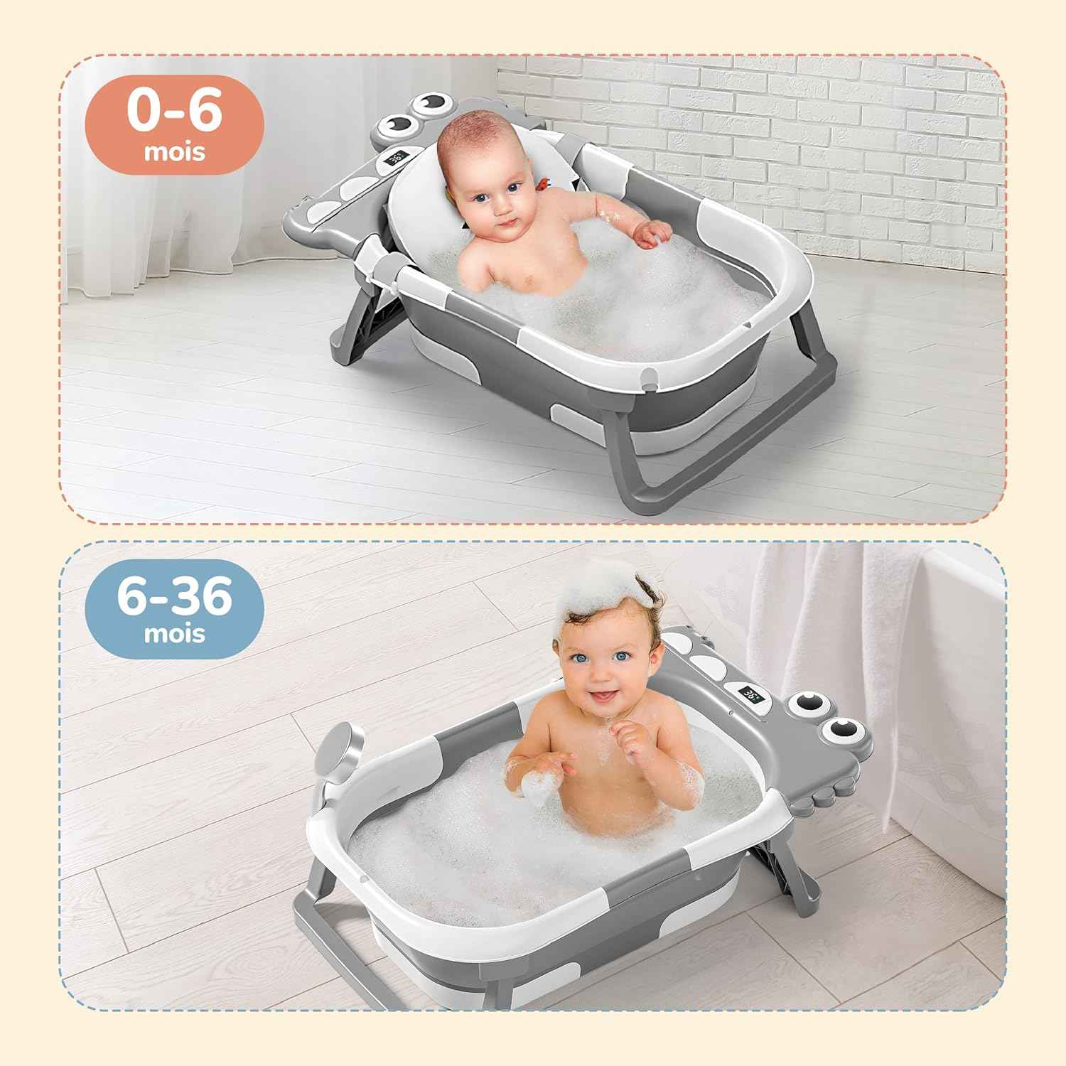 Baignoire Bébé Pliable XXL Avec Coussin De Bain Bebe Et Thermomètre Intégré - Baignoire Enfant Avec Siege De Bain Pour Bebe - baignoire Bebe Sur Pied - Idéal Pour Cadeau De Naissance Fille Ou Garçon