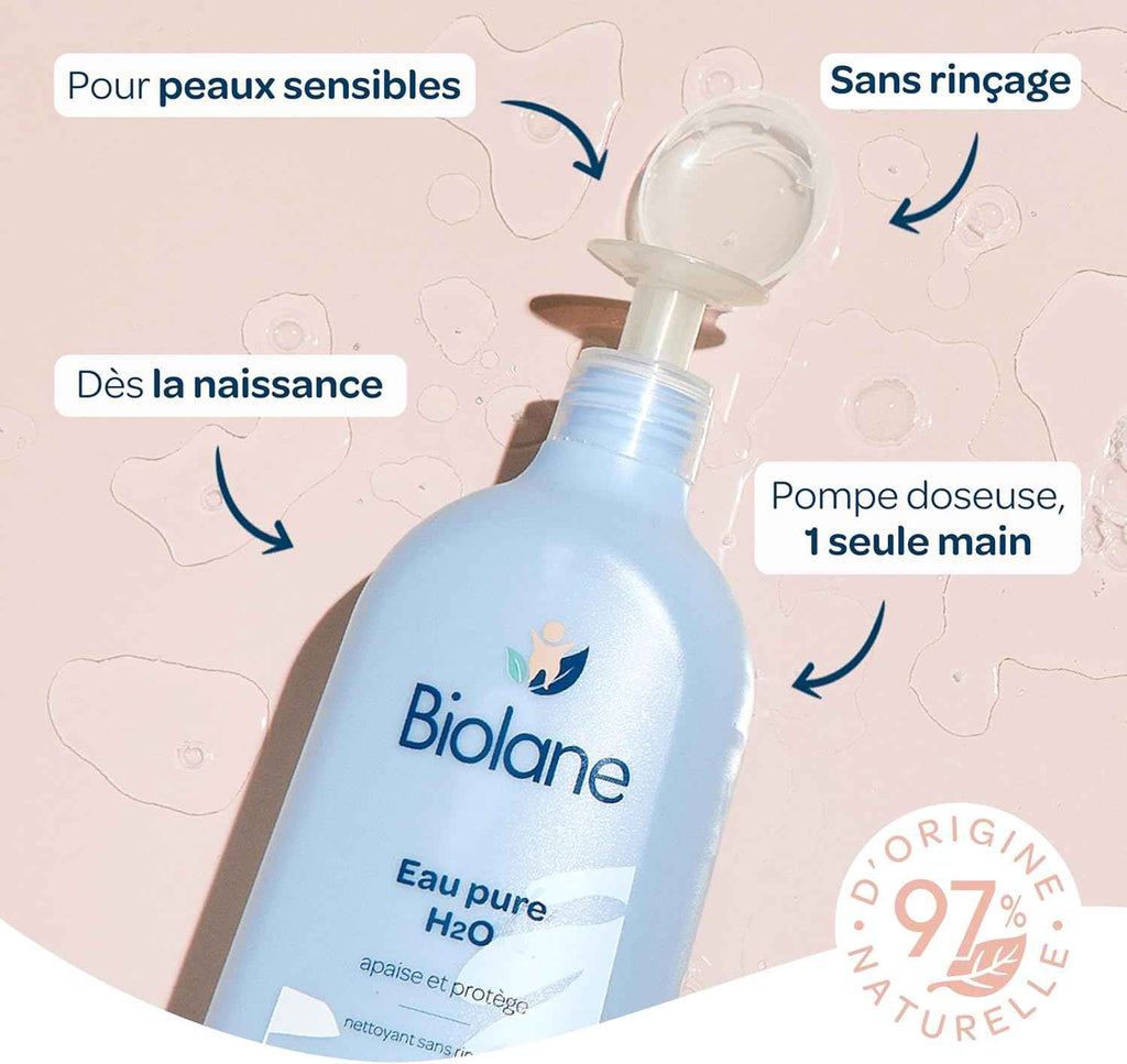 BIOLANE - Eau Pure H2O - Nettoyant Pour Le Visage, Corps Et Siège Du Bébé - Sans rinçage - 1 flacon -pompe 750ml - Fabriqué en France