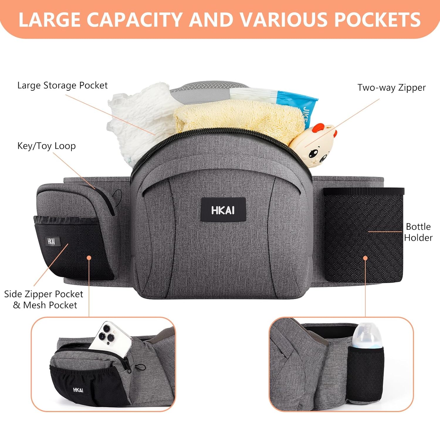HKAI Porte - bébé avec siège hanches (Baby Hip Carrier) • Lauréat du Mom’s Choice Award • Porte - bébé avec ceinture ajustable et tissu respirant en mesh • Conception ergonomique, avec surface anti - dérapante sur le siège pour plus de sécurité - BabyNestia