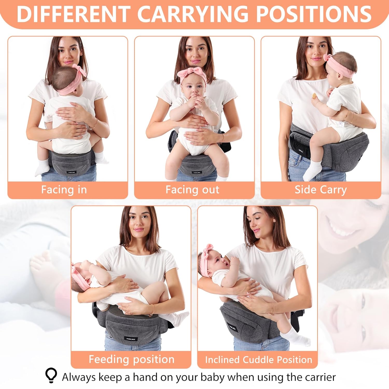 HKAI Porte - bébé avec siège hanches (Baby Hip Carrier) • Lauréat du Mom’s Choice Award • Porte - bébé avec ceinture ajustable et tissu respirant en mesh • Conception ergonomique, avec surface anti - dérapante sur le siège pour plus de sécurité - BabyNestia