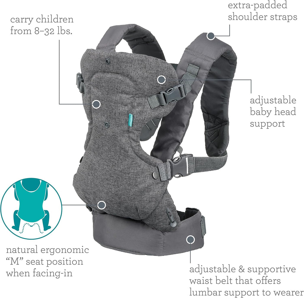 Infantino - Porte - bébé Flip 4 - en - 1 - Ergonomique - 4 façons de porter - Convertible - Confortable - Lanières Rembourrées - Ajustable - Support de Tête - Pour Bébés De 3,6 à 14,5 kg - Gris - BabyNestia