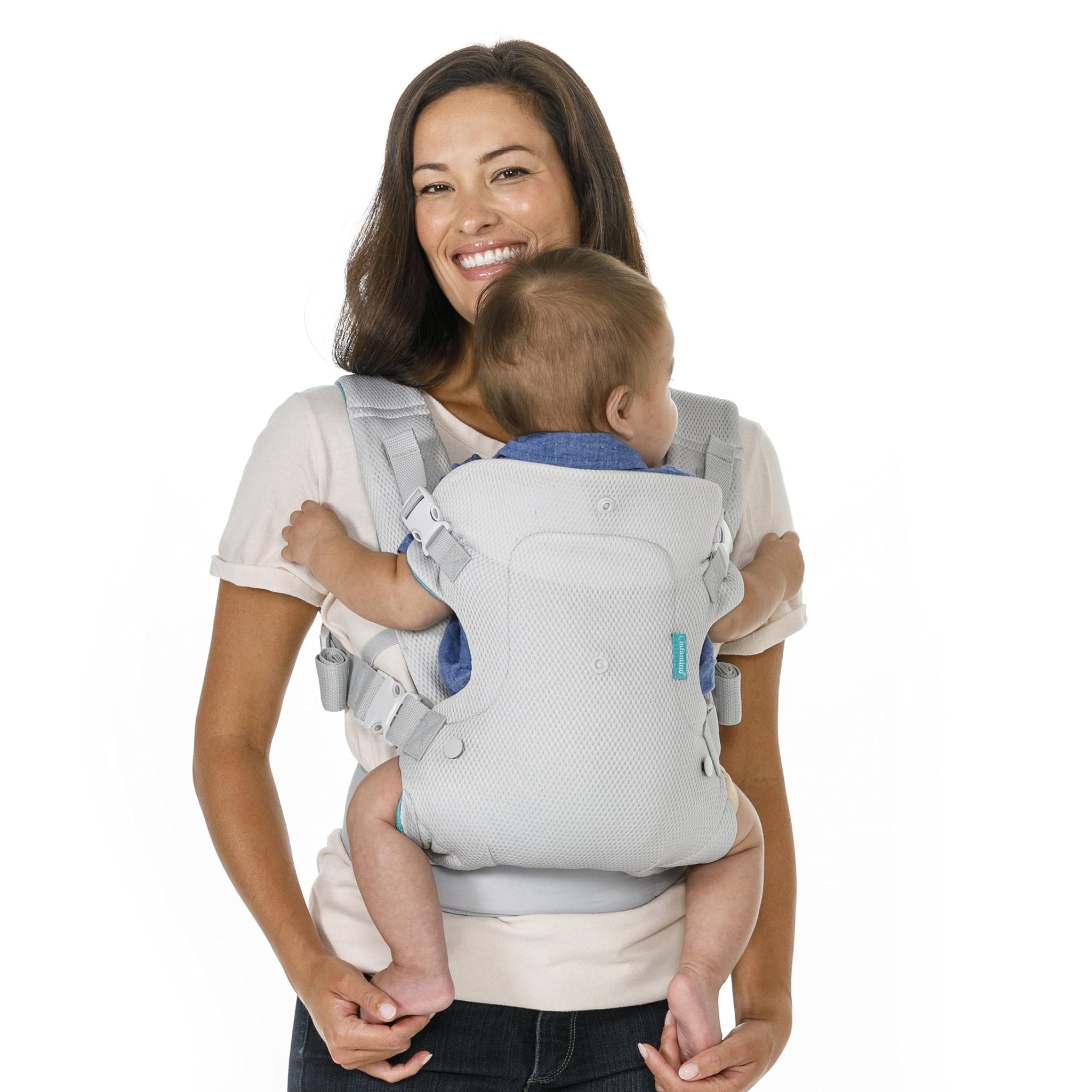 Infantino - Porte - bébé Flip 4 - en - 1 - Ergonomique - 4 façons de porter - Convertible - Confortable - Lanières Rembourrées - Ajustable - Support de Tête - Pour Bébés De 3,6 à 14,5 kg - Gris - BabyNestia