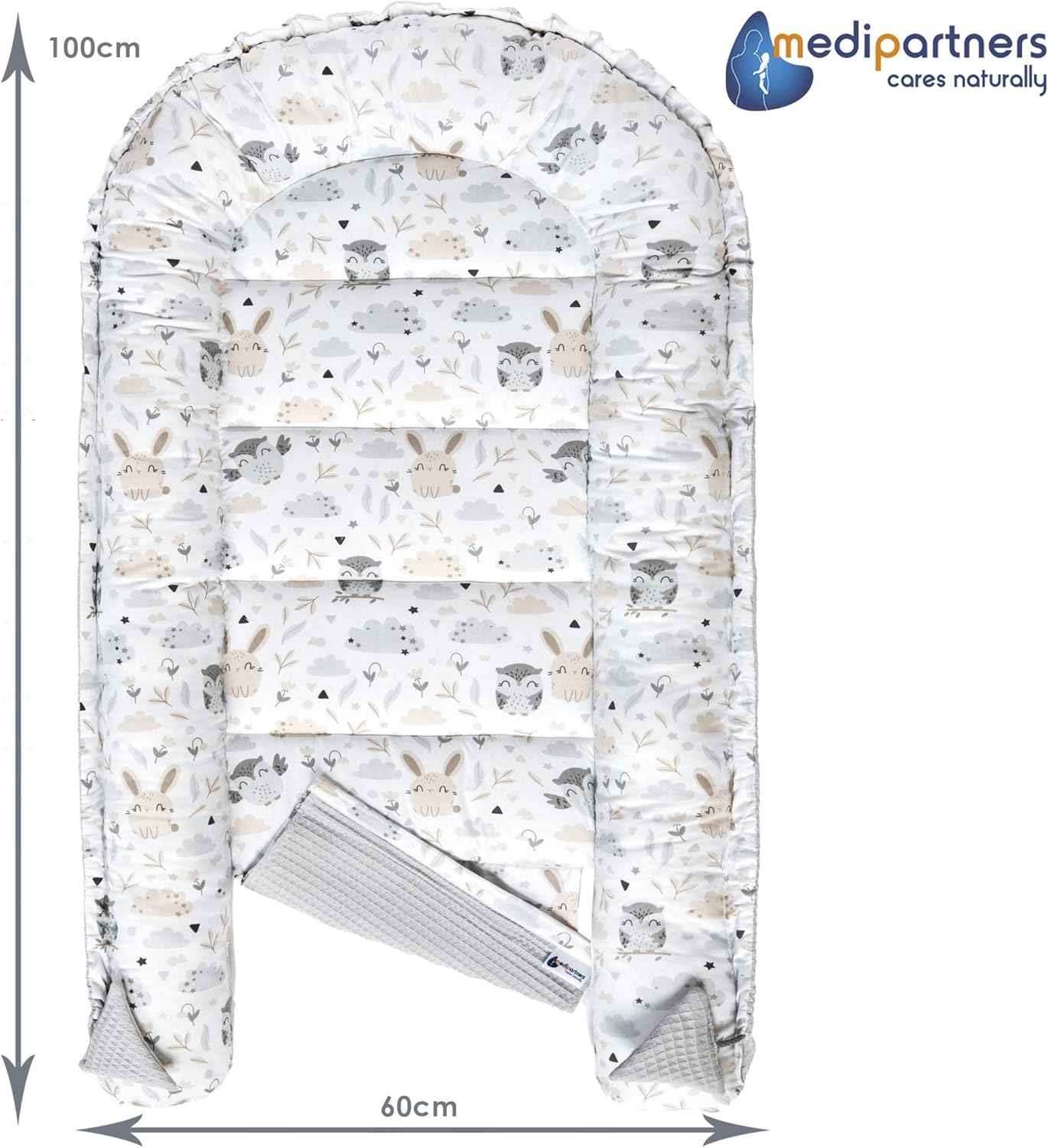 Medi Partners Reducteur de Lit Bebe - Réducteur Bébé 100x60x15cm Cocon et Naissance couffin Nid d'ange 100% Coton Gaufre (Glade avec Gaufre Grise)