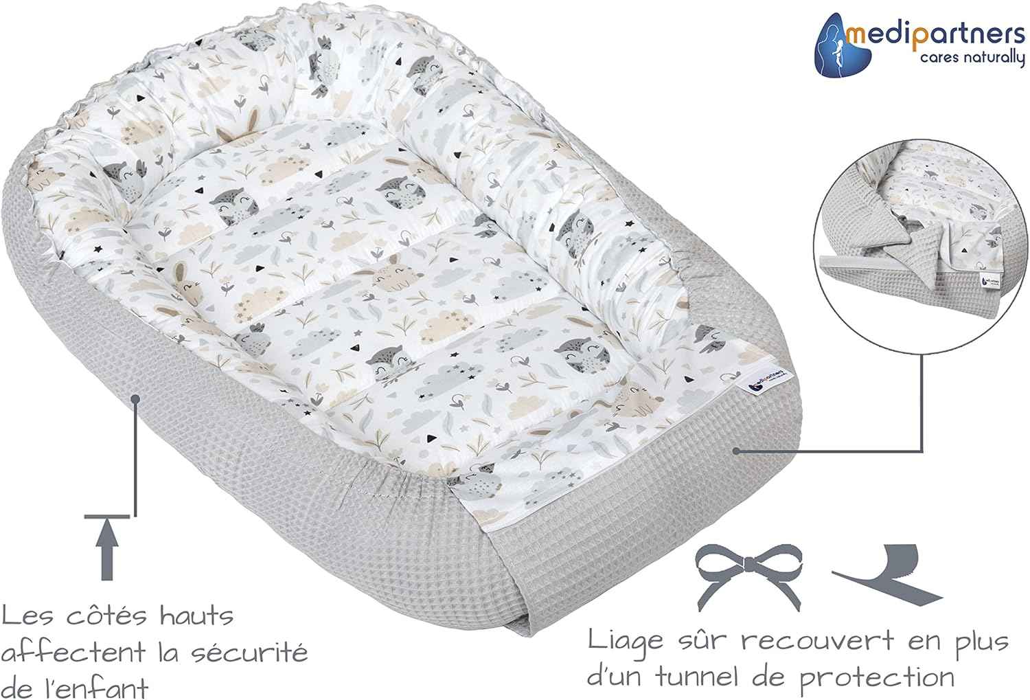 Medi Partners Reducteur de Lit Bebe - Réducteur Bébé 100x60x15cm Cocon et Naissance couffin Nid d'ange 100% Coton Gaufre (Glade avec Gaufre Grise)