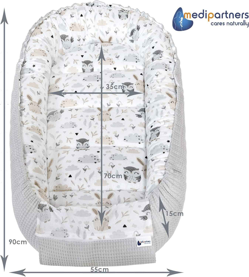 Medi Partners Reducteur de Lit Bebe - Réducteur Bébé 100x60x15cm Cocon et Naissance couffin Nid d'ange 100% Coton Gaufre (Glade avec Gaufre Grise)