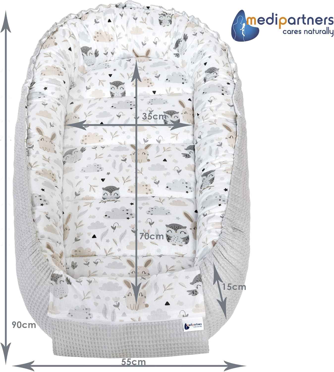 Medi Partners Reducteur de Lit Bebe - Réducteur Bébé 100x60x15cm Cocon et Naissance couffin Nid d'ange 100% Coton Gaufre (Glade avec Gaufre Grise)