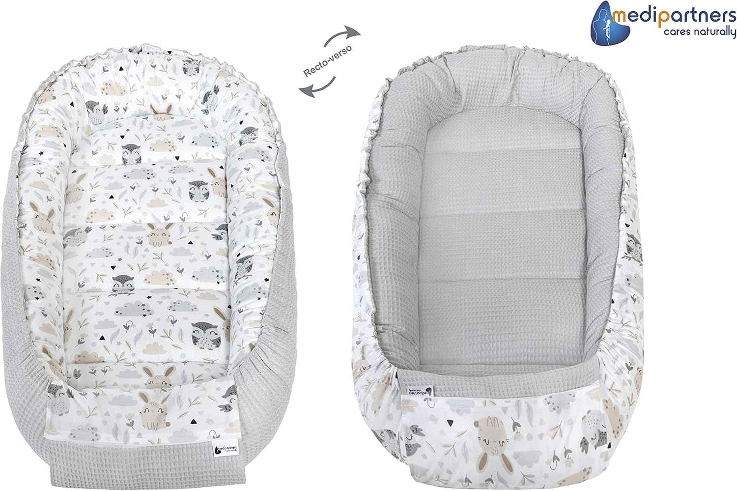 Medi Partners Reducteur de Lit Bebe - Réducteur Bébé 100x60x15cm Cocon et Naissance couffin Nid d'ange 100% Coton Gaufre (Glade avec Gaufre Grise)