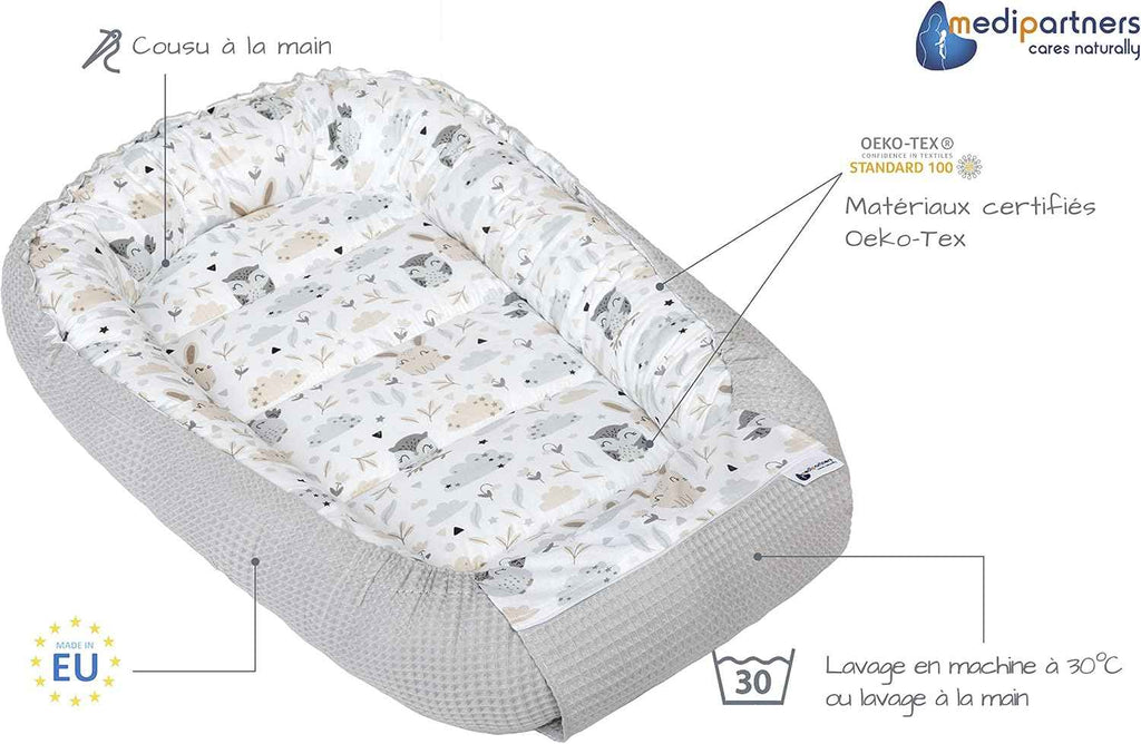 Medi Partners Reducteur de Lit Bebe - Réducteur Bébé 100x60x15cm Cocon et Naissance couffin Nid d'ange 100% Coton Gaufre (Glade avec Gaufre Grise)