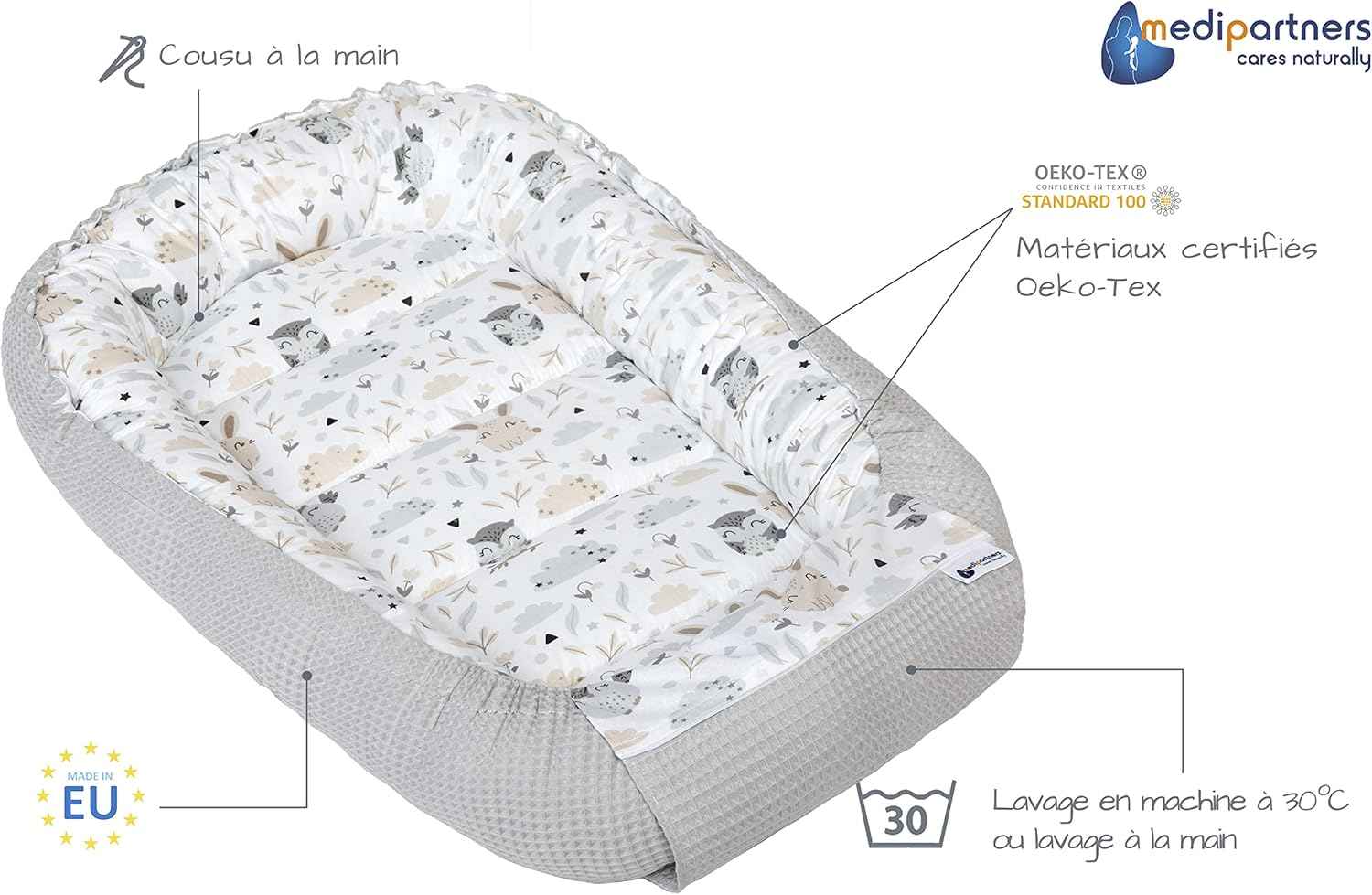 Medi Partners Reducteur de Lit Bebe - Réducteur Bébé 100x60x15cm Cocon et Naissance couffin Nid d'ange 100% Coton Gaufre (Glade avec Gaufre Grise)