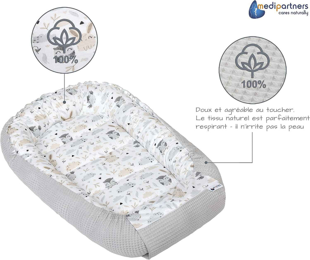Medi Partners Reducteur de Lit Bebe - Réducteur Bébé 100x60x15cm Cocon et Naissance couffin Nid d'ange 100% Coton Gaufre (Glade avec Gaufre Grise)