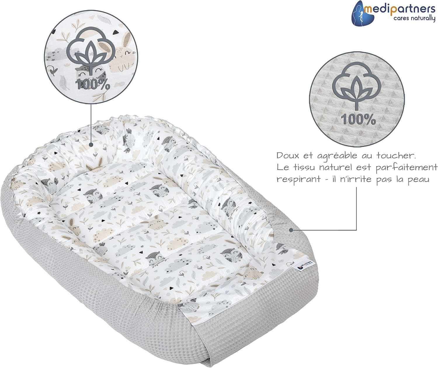 Medi Partners Reducteur de Lit Bebe - Réducteur Bébé 100x60x15cm Cocon et Naissance couffin Nid d'ange 100% Coton Gaufre (Glade avec Gaufre Grise)