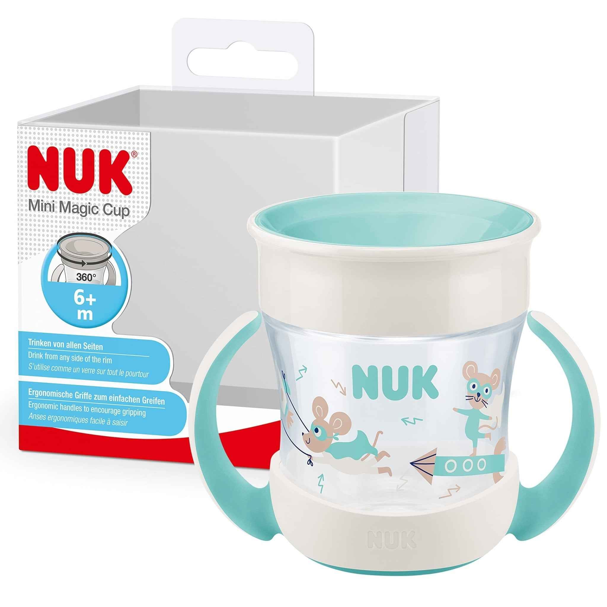 NUK Mini Magic Cup Tasse antifuite | Rebord antifuite 360° | À partir de 6 mois | Poignées ergonomiques | Sans bisphénol A | 160 ml | Bleu (souris)