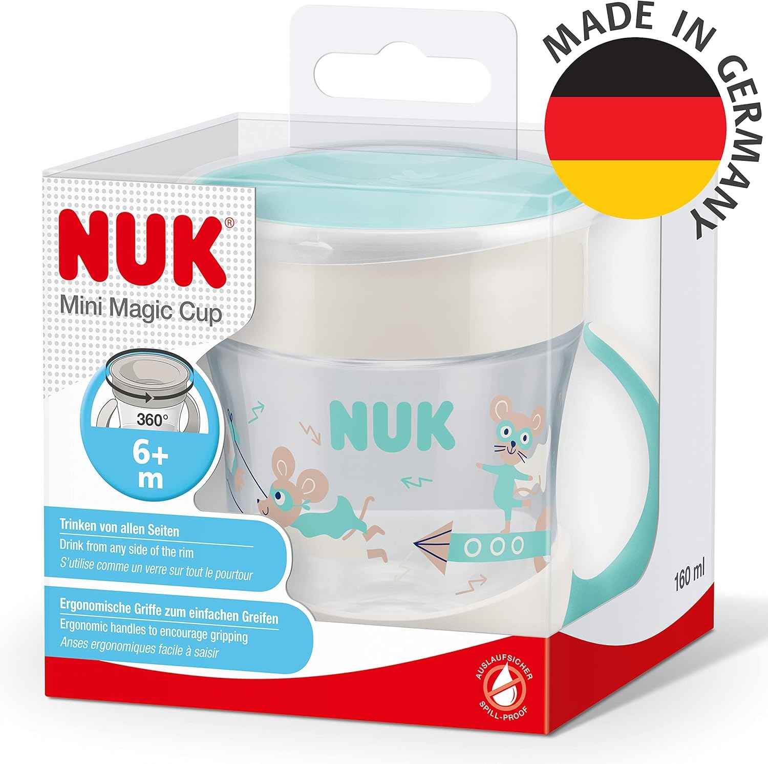 NUK Mini Magic Cup Tasse antifuite | Rebord antifuite 360° | À partir de 6 mois | Poignées ergonomiques | Sans bisphénol A | 160 ml | Bleu (souris)