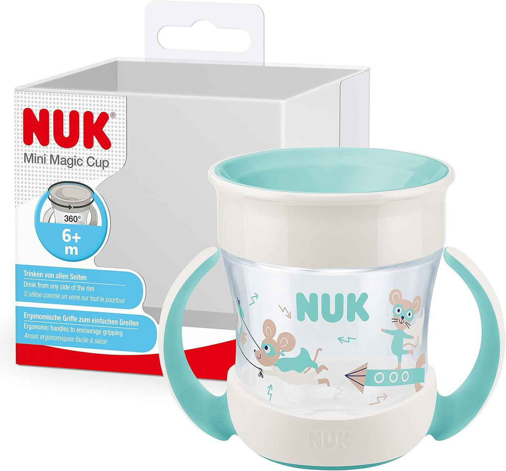 NUK Mini Magic Cup Tasse antifuite | Rebord antifuite 360° | À partir de 6 mois | Poignées ergonomiques | Sans bisphénol A | 160 ml | Bleu (souris)