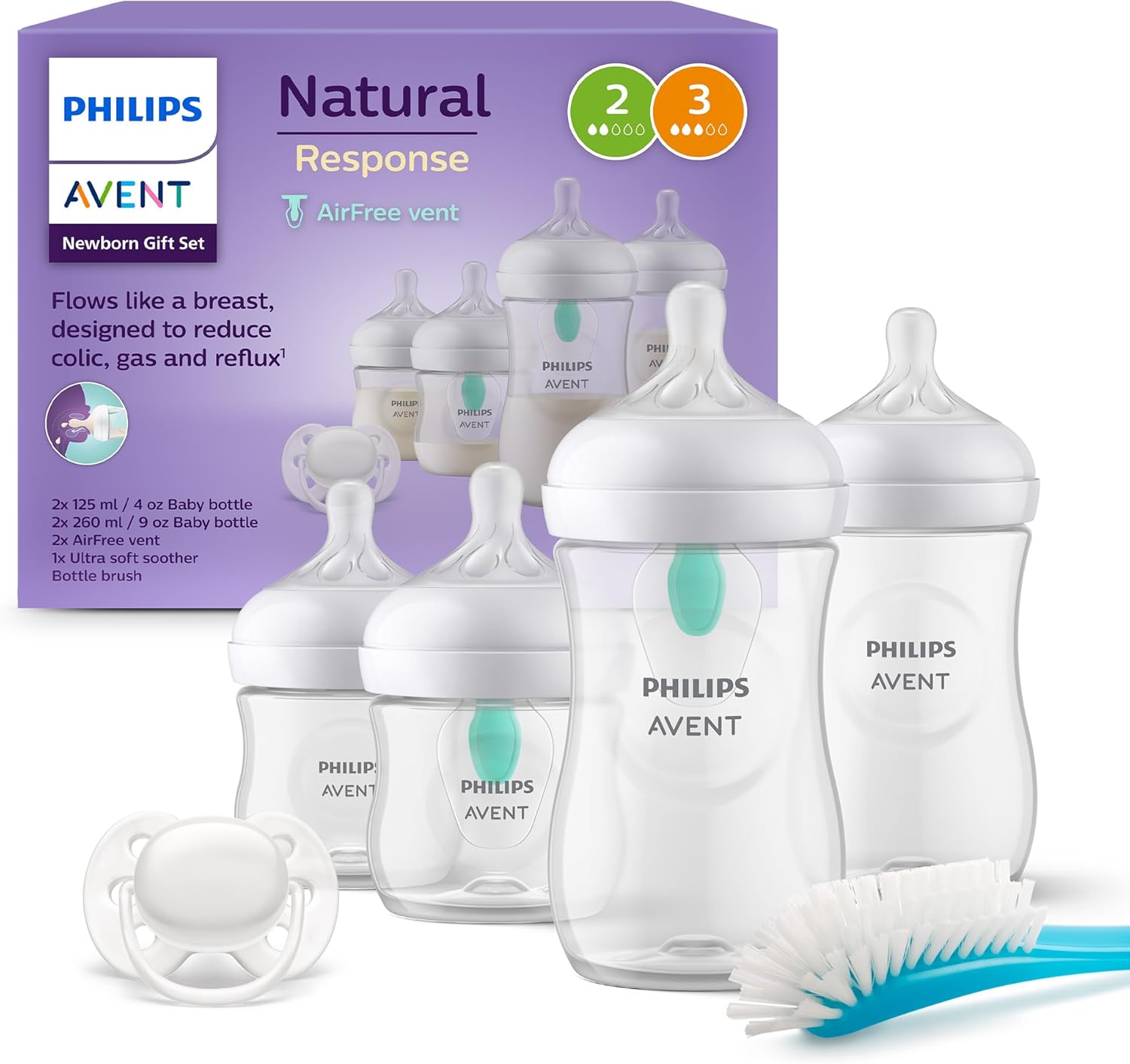 Philips Avent Kit biberons avec valve AirFree pour nouveau - né – 4 biberons à Réponse Naturelle, sucette ultra - douce et goupillon pour les bébés âgés de 0 à 12 mois (modèle SCD657/11) - BabyNestia