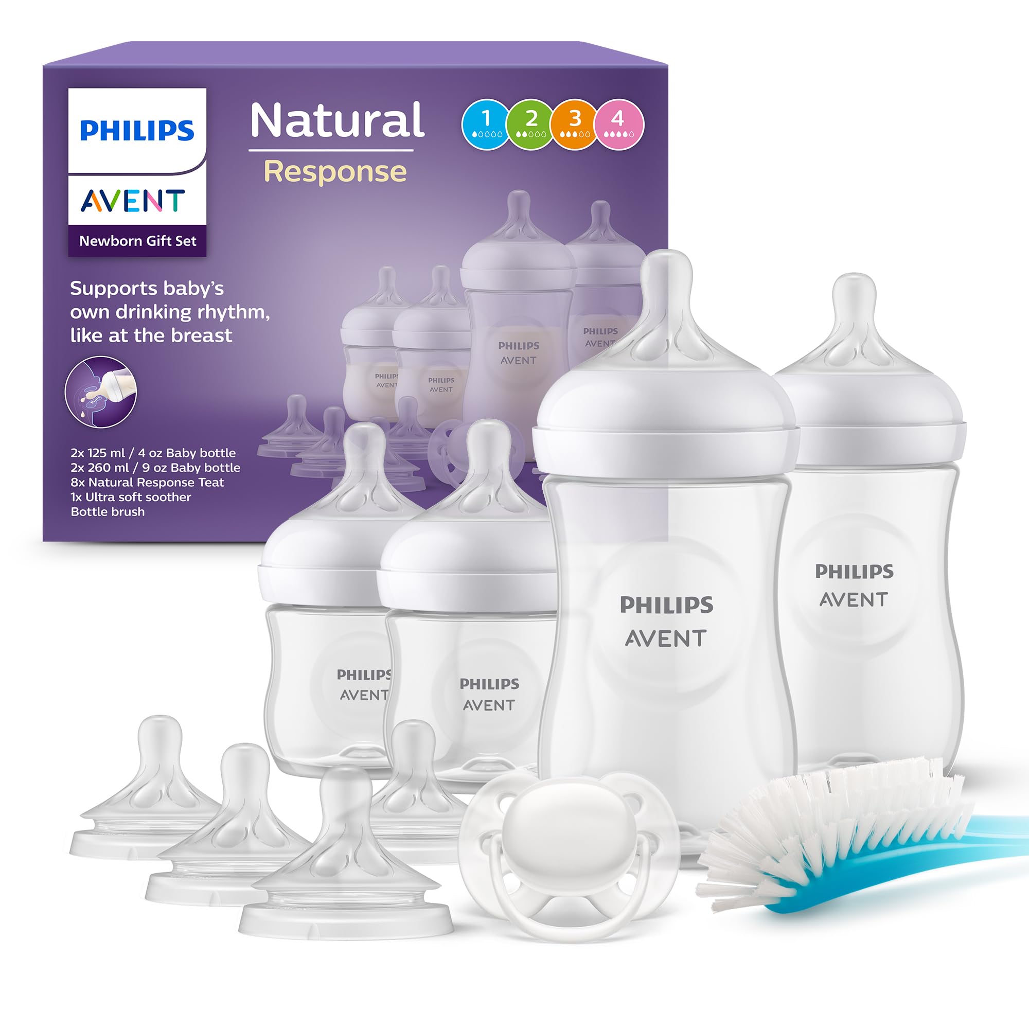 Philips Avent Kit biberons avec valve AirFree pour nouveau - né – 4 biberons à Réponse Naturelle, sucette ultra - douce et goupillon pour les bébés âgés de 0 à 12 mois (modèle SCD657/11) - BabyNestia
