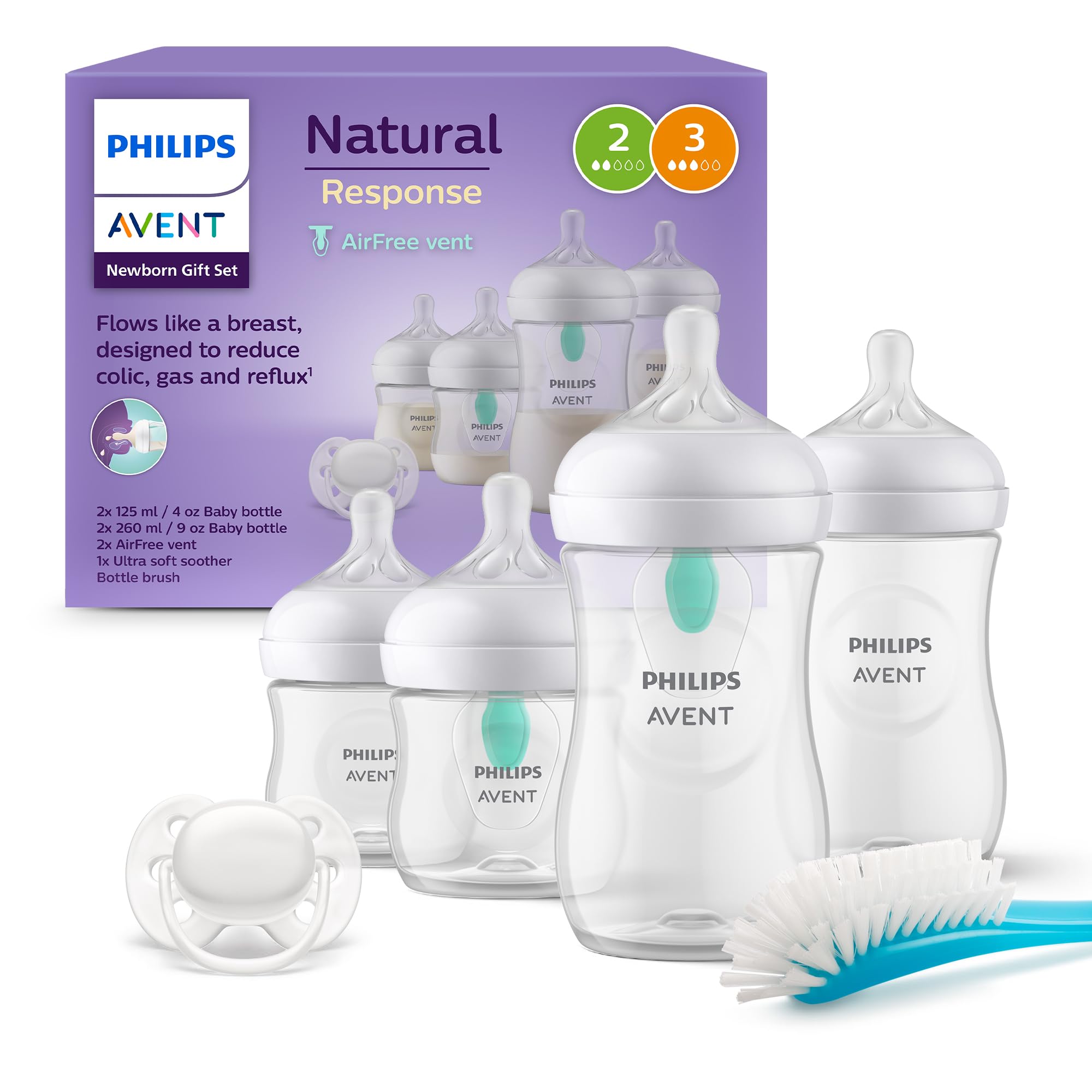 Philips Avent Kit biberons avec valve AirFree pour nouveau - né – 4 biberons à Réponse Naturelle, sucette ultra - douce et goupillon pour les bébés âgés de 0 à 12 mois (modèle SCD657/11) - BabyNestia