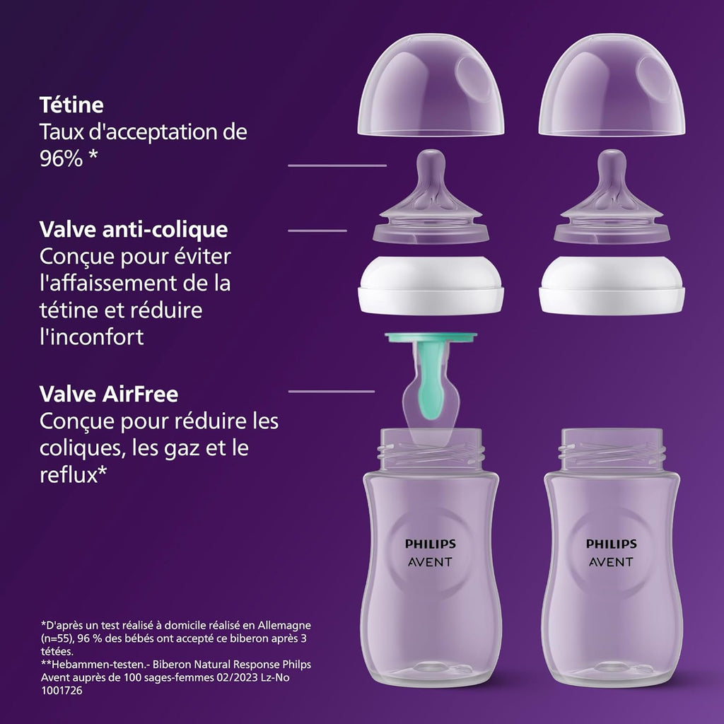 Philips Avent Kit biberons avec valve AirFree pour nouveau - né – 4 biberons à Réponse Naturelle, sucette ultra - douce et goupillon pour les bébés âgés de 0 à 12 mois (modèle SCD657/11) - BabyNestia